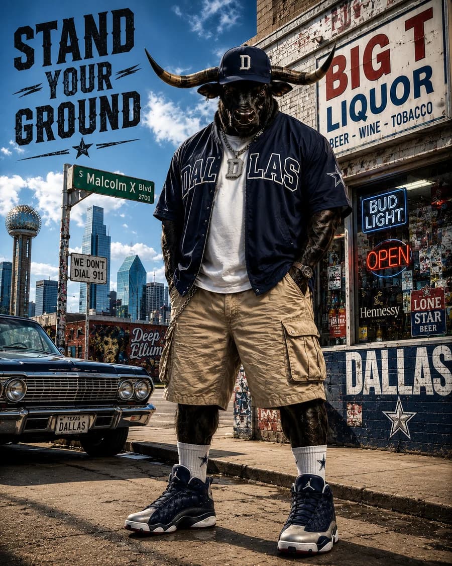 Dallas Most Wanted bull in a Dallas jersey standing on a Deep Ellum corner in daylight with the Dallas skyline behind him