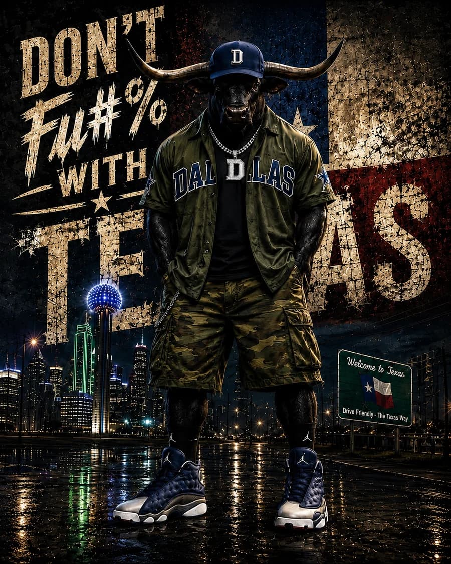 Dallas Most Wanted bull in a Dallas jersey and camo standing on a rain-slick street with the Dallas skyline and Reunion Tower behind him